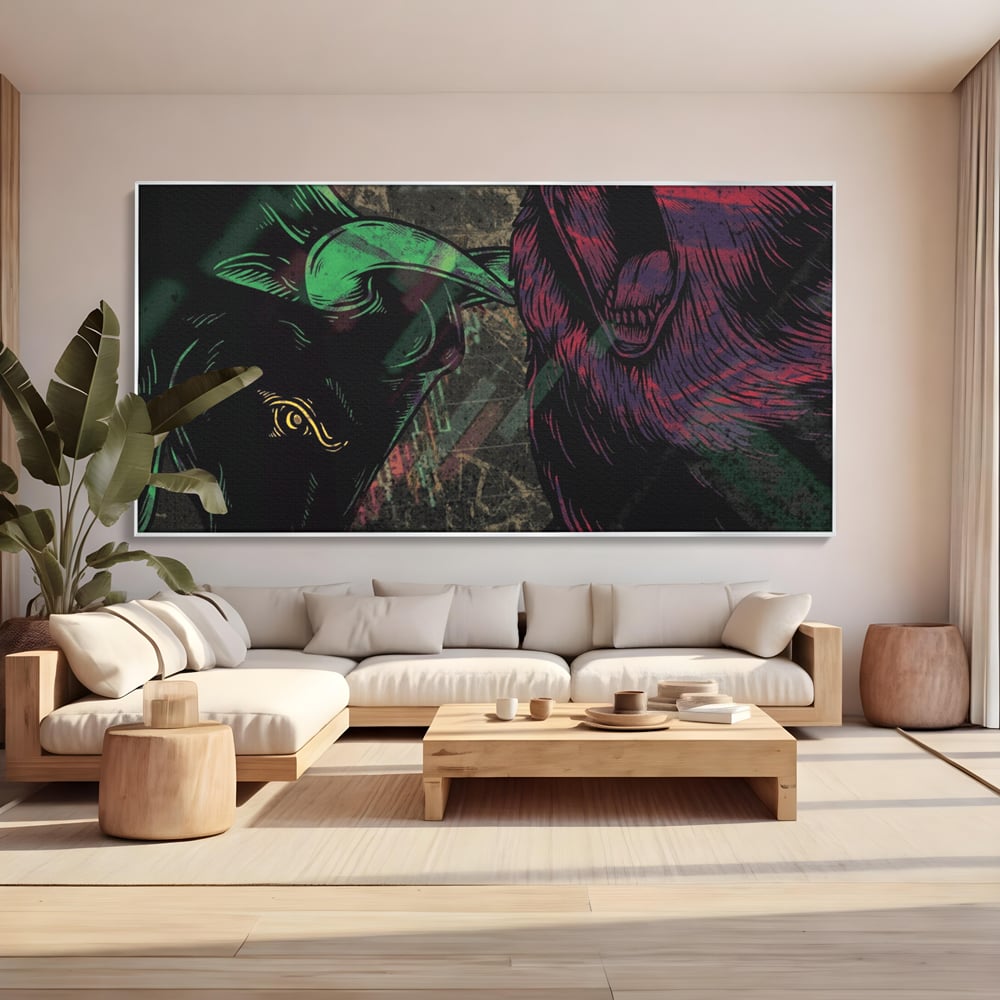 Tablou canvas cu ilustratie digitala cu taur si urs, in rama de aluminiu argintiu, pe perete intr-un living